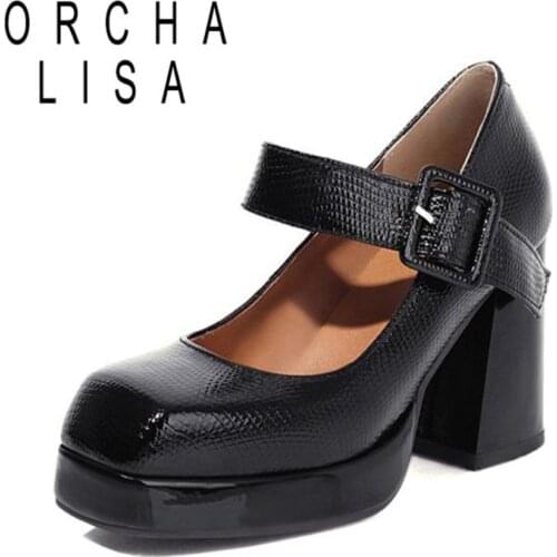 2021 New Elegant Mary Janes Square Toe Woman Pump Shoes Buckle Strap Thick High Heels Leather Sexy Platform Women Dress S2453