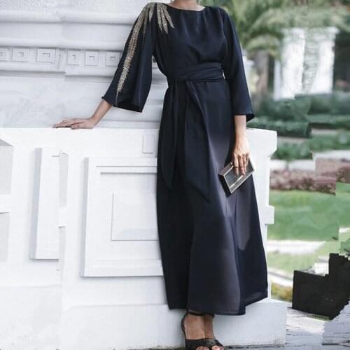 Muslim Female Dubai Middle Sleeve Cardigan Elegant Dresses for Women Black Exquisite Embroidery Long Evening Dress High Waist