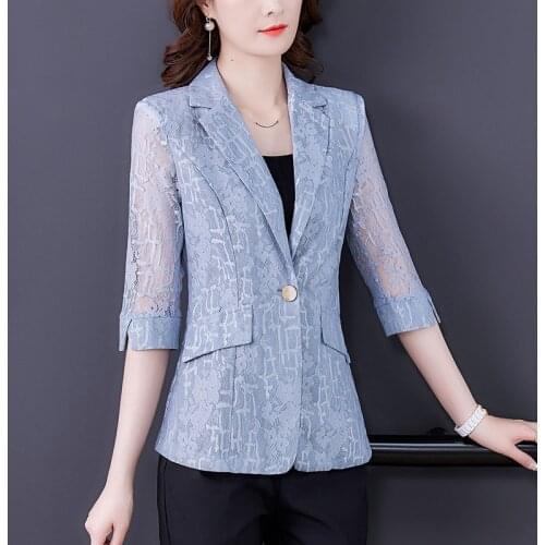 Summer Lace Top Women Transparent Single Button Three Quarter Sleeve Hollow Out Lace Blazer Thin Jacket Summer Thin Suit Outwear