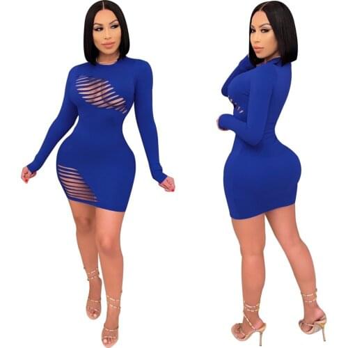 Blue Color Slit Cut Out Dress Women Fall Spring Full Sleeve Hole Mini Dresses Night Club Party Midi Bodycon Casual Streetwear
