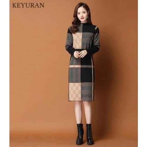 Turtleneck Pullover Sweater Dress For Women Autumn Winter 2021 Plaid Patchwork Bottom Knee-Length Knitting Dress Female Vestidos