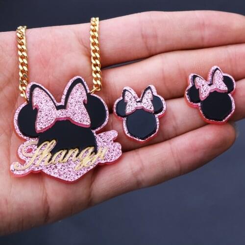 2021 Childrens Cartoon Name Necklace Acrylic Name Necklace Stud Earrings Set Custom Cuban Chain Gift