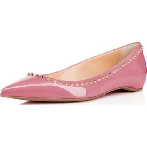 2021 Womens Flats Shoes Pointed Toe Shallow Single Shoes Patent Leather Rivet Flat With Wedding Shoes For Women Pink Sandals