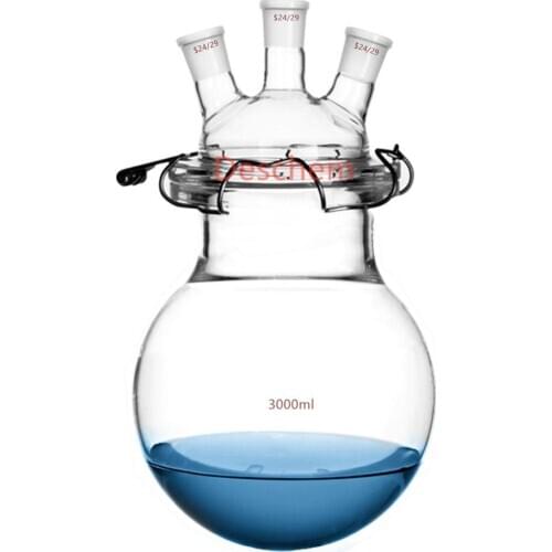 3000ml 24/29 Glass Reaction Reactor 3-Neck Round Bottom Reaction Kettle W/Lid & Steel Clip