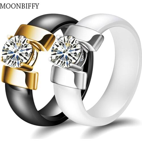 6mm White Black Ceramic Rings Plus Cubic Zirconia For Women Gold Color Stainless Steel Women Wedding Ring Engagement Jewelry
