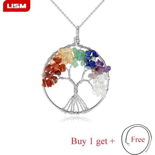 7 Chakra Quartz Natural Stone Tree of Life pendulum Pendant Necklace for Women Healing Crystal Necklaces Pendants Reiki Jewelry
