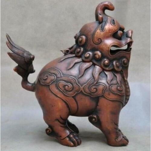8"Old Chinese joss Bronze Copper Lion Foo dog Beast Statue Incense burner Censer