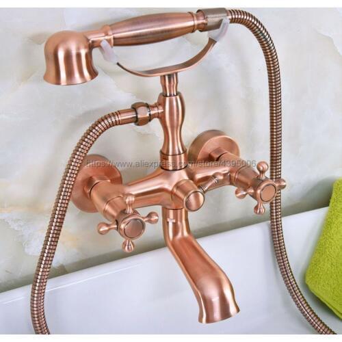 Antique Red Copper Dual Handles Bathtub Faucet Wall Mounted Swive Spout with Handshower Tub Mixer Tap Bna339
