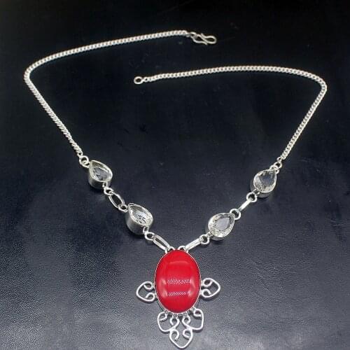 Gemstonefactory Jewelry Big Promotion Unique 925 Silver Fashion Red Coral White Topaz Women Chain Necklace 46cm 202101510