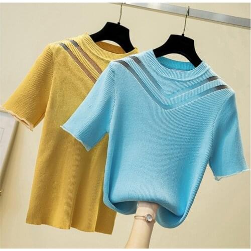 GGRIGHT Mesh Knitted T Shirts Women Short Sleeves Hollow Out Black T-Shirt Tee Shirt Femme 2021 Summer Tops Mujer Camisetas