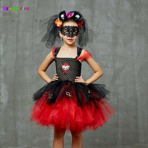 Girls Day of the Dead Sugar Skull Halloween Scary Fancy Dress Costume Kids Zombie Bride Tutu Dress Cosplay Party Skeleton Dress