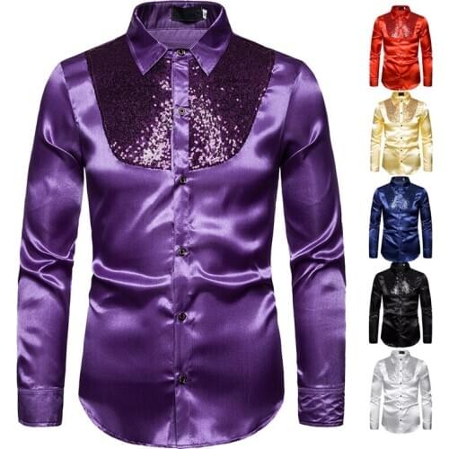 Mens shirts sequins show nightclub host emcee lapel long-sleeved shirt vintage button down For men clothing Tuxedo