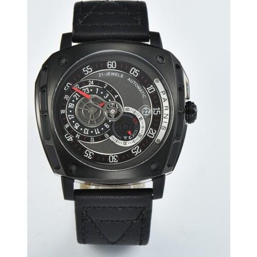 47.5mm Parnis Sapphire Mens Automatic Watch Japan Miyota 8219 Black PVD Square Watch Black Face Leather Band Date New Arrival