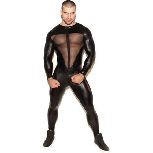 Faux Leather Wet Look Catsuit for Men Mesh Sheer Open Crotch Body Zentai Bodysuit Male Sexy Lingerie Clubwear Plus Size XXL 3XL