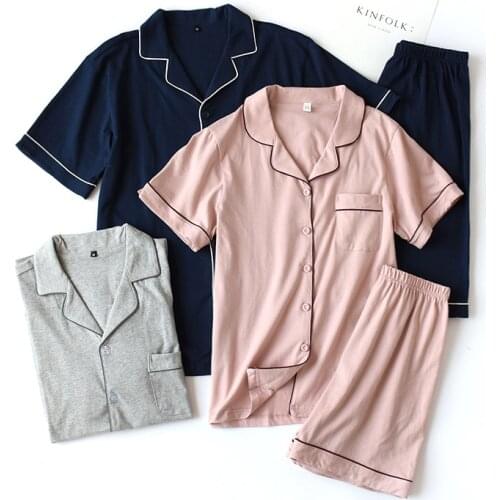 Solid Color 100% Knitted Cotton Couple Pajamas Set Womens Short Sleeve Sleepwear Mens Summer Shorts & Shirt Set Loungewear Pjs