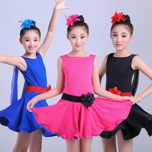 Latin Dance Dress For Girls Black/Rose/Blue Milk Silk Salsa Dance Otfits For Kids Roupa De Ginastica Performe Ballet Children
