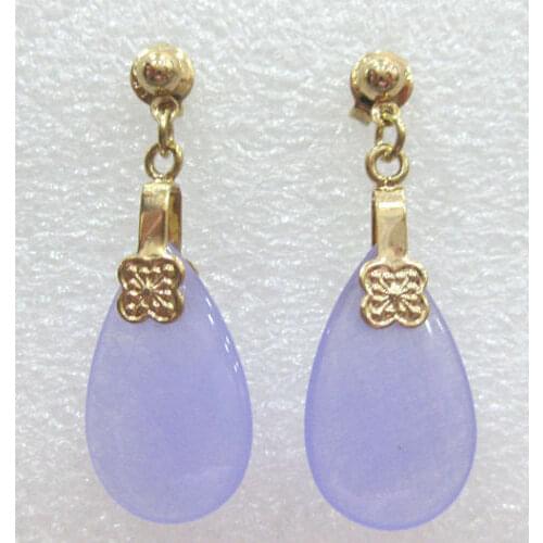 Fine ladys 18KGP purple teardrop natural jade bead earrings