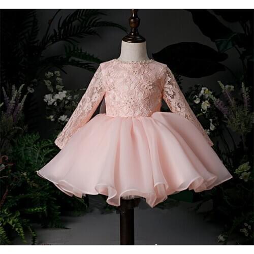 Long Sleeve Pink Dresses for Girl Baptism Baby Girl Clothing 1 Year Birthday Party Toddler Christening Gown Infant Girl Dress