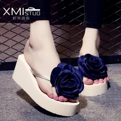 Simple slippers women summer fashion sandals handmade rose flower flip-flops student beach shoes non-slip increased 7cm shoes
