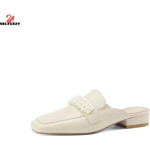 SKLFGXZY Summer Elegant Pearl Sandals Dress Slippers Shoes Womens White Kitten Heel Peep Toe Beach Shoes Genuine Leather