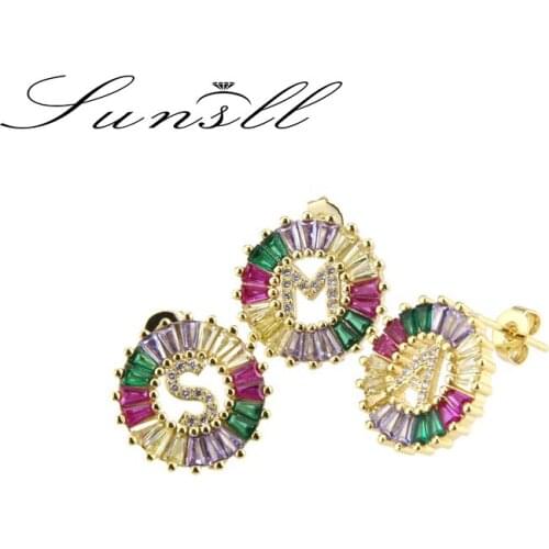 SUNSLL Hot Sale Gold Multicolor CZ Necklace Charm A-Z 26 Letter Stud Earrings Name Jewelry for Women Accessories Birthday Gifts