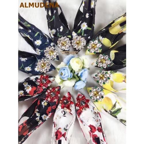 ALMUDENA Flowers Printd Bling Bling Crystal Wedding Shoes Luxruy Multi-color Floral Slingback Gem Beaded Banquet Shoes Size41