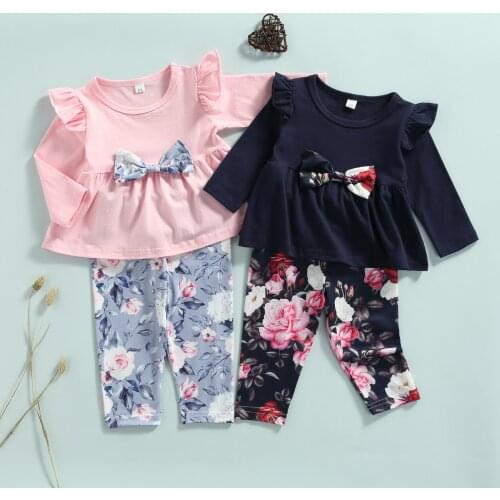 Baby Girls Spring Autumn Clothing Fashion Ruffle Solid Color Bow Long Sleeve T shirt and Flower Legging Long Pants Set