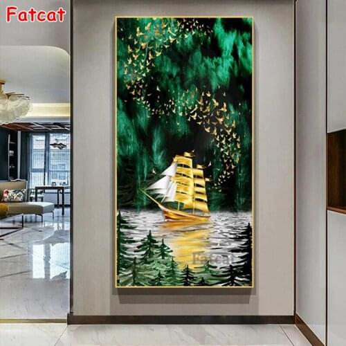 Green Entrance Painting Golden Boat 5D DIY Diamond Painting Full Square Round Diamond emboridery Art Mosaic Cross Stitch PP1874
