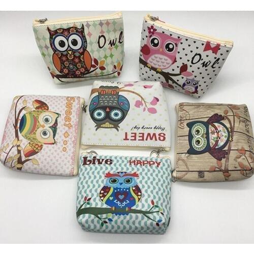 M051 Women Purses Cute Cartoon Owl Series PU Leather Coin Bag Key Data Cable Package