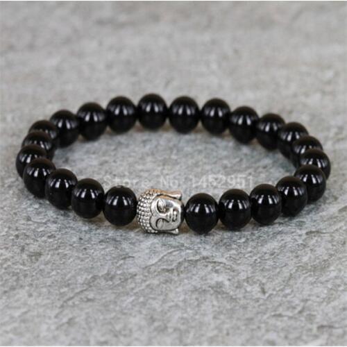 1PC 8mm Beaded Bracelet with Silver Plated Buddha Head Bracelet Natural Gem Stone Buddha Hand Bracelet with Skull/Hamsa