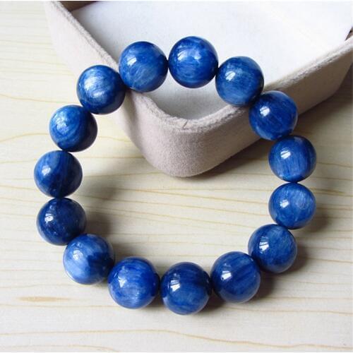 14mm Precious Natural Blue Kyanite Gems Stone Cat Eye Big Round Crystal Beads Jewelry Powerful Stretch Men Bracelet