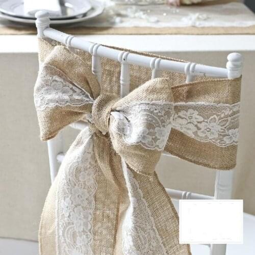 240 x 15cm Lace Bowknot Burlap Chair Sashes Natural Hessian Jute Linen Rustic Cover Tie for Wedding Decor DI