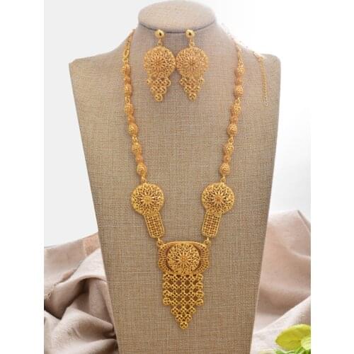24K Dubai Gold Color jewelry sets for women luxury necklace earrings bridal African wedding ornament wife gifts Rings