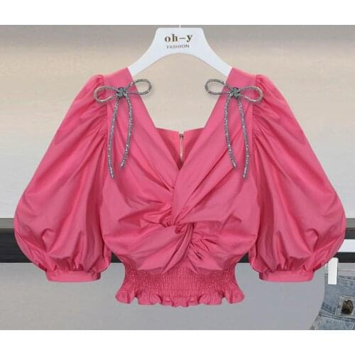 Blusas Mujer De Moda 2020 Summer New Rhinestone Bow Shoulder Sexy V-neck High Waist Puff Sleeve Shirt Blouse Ladies Tops G1900