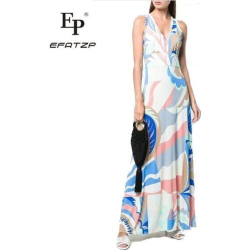 EFATZPNew Fahion 2019 Designer Luxury Maxi Dress Womens sleeveless Colorfu Geometry Print XXL Stretch Jersey Spandex Long Dress