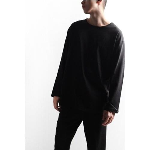 Spring and summer mens T-shirt hairstylist fashion mens thin casual slit long sleeve T-shirt loose large size top
