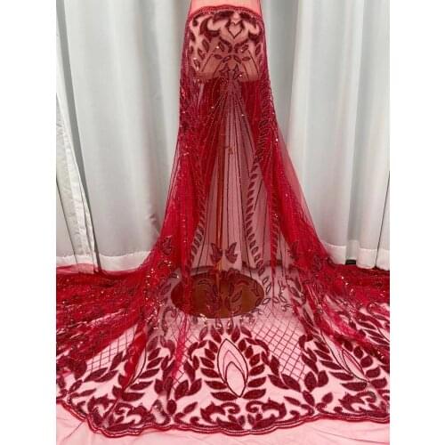 Hot Sale African French Tulle Mesh Lace Fabric Red Beaded Lace Fabrics Luxury Handmade Beads/Sequins Lace Fabric For Wedding JYF