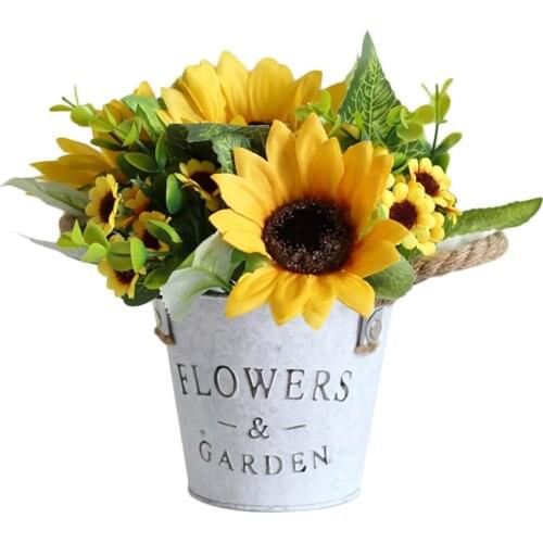 Artificial Daisy Flower Decorations Sunflower Fake Flowers In Metal Potted Retro For Wedding Party Stage Centerpieces Plant Set