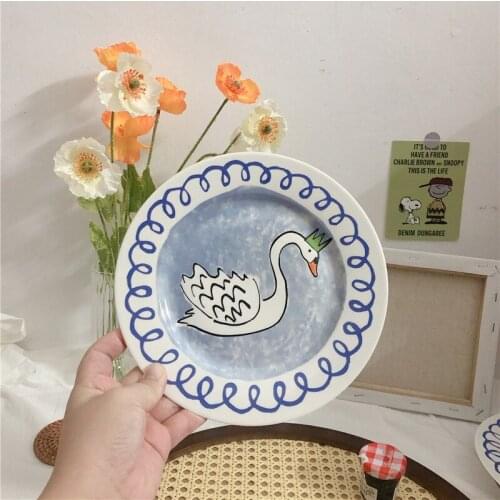 Korean Style Household Kitchen Hand Painted Swan Plate Creative Household Dish Lovely Cartoon Cake Dessert Plate Dinner Plates