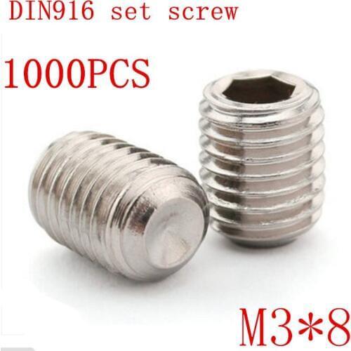 1000pc/set DIN916 m3*8 m3x8 3mm Stainless Steel Metric Thread Grub Screws Cup Point Hexagon Socket Set Screws Headless