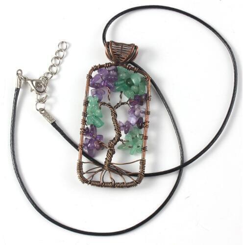 Trendy-beads Unique Copper Natural Purple Quartz Crystal Pendant Green Aventurine Necklace Tree of Life Jewelry