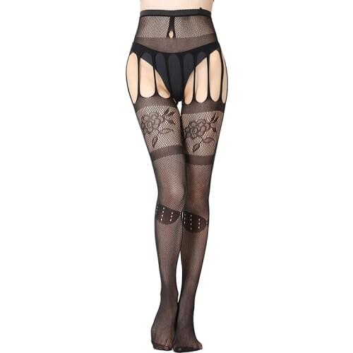 Fashion Sexy Stockings Black See-through Lace Nylon Stockings Erotic Lingerie Without Cut Stockings with Babydoll Belt S1105