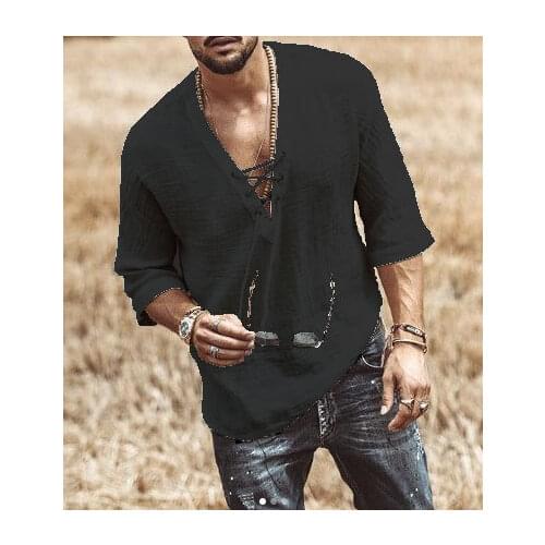 Mens Fashion Hippie Shirt Casual Middle Sleeve V Neck Summer Beach Loose Tee Tops