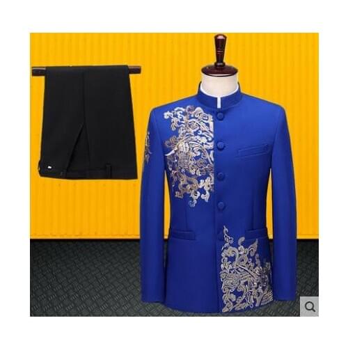 Blue embroidery blazer men Chinese tunic suit jackets formal dress mens wedding suits costume singer stage clothing