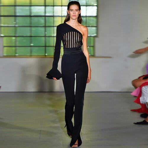 Witching One Shoulder Bandage Slim Black Legging Flare Sleeve Asymmetric Neck Side Slit Long Leg Mesh Striped Sheath Jumpsuit