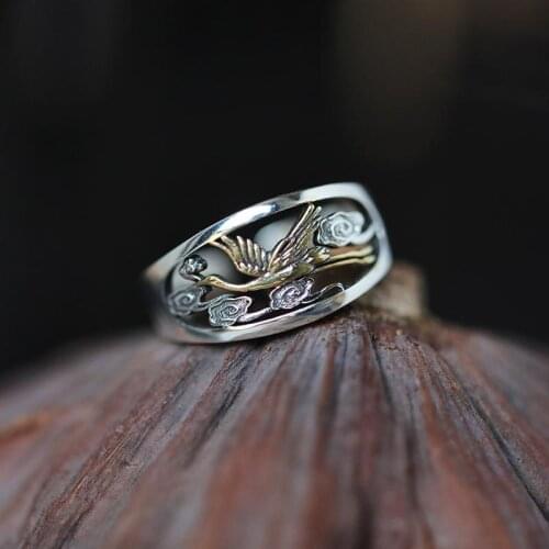 Original Design Crane Cloud Pattern Craft Opening Adjustable Ring Chinese Retro Light Luxury Charm Womens Silver Jewelry