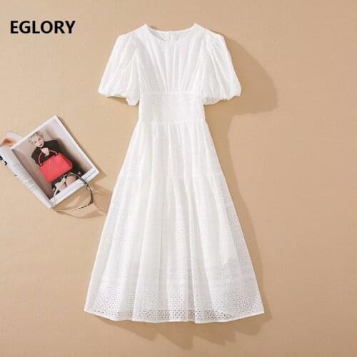 2020 Autumn Fashion Style Dress Women O-Neck Allover Hollow Out Emboridery Puff Sleeve Medium Casual Cotton Dress White Green