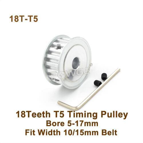 POWGE 18 Teeth T5 Timing Pulley Bore 5-17mm Fit W=10/15mm T5 Synchronous Belt 18T 18Teeth T5 Timing Belt Pulley 18-T5
