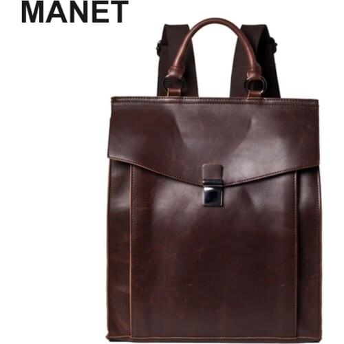MANET Retro Backpack for Male PU Leather School Bags for Boys Casual Teenage Gril Bookbag Waterproof Laptop Bag Back to School