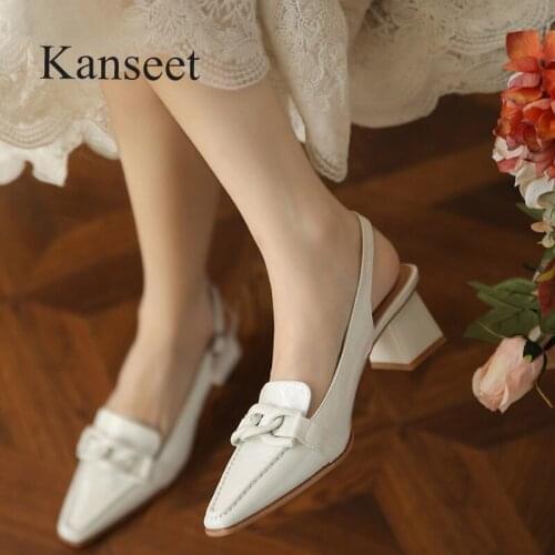 Kanseet Summer Genuine Leather Thick Heels Women Sandals 2021 New Party Dress Office Lady Buckle Strap Square Toe Female Shoes